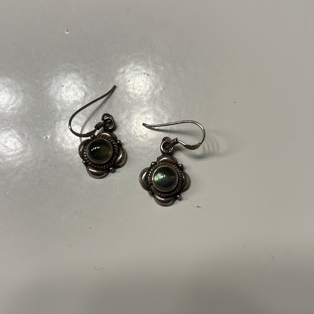 Sterling Silver Dangle Earrings with Green Stone